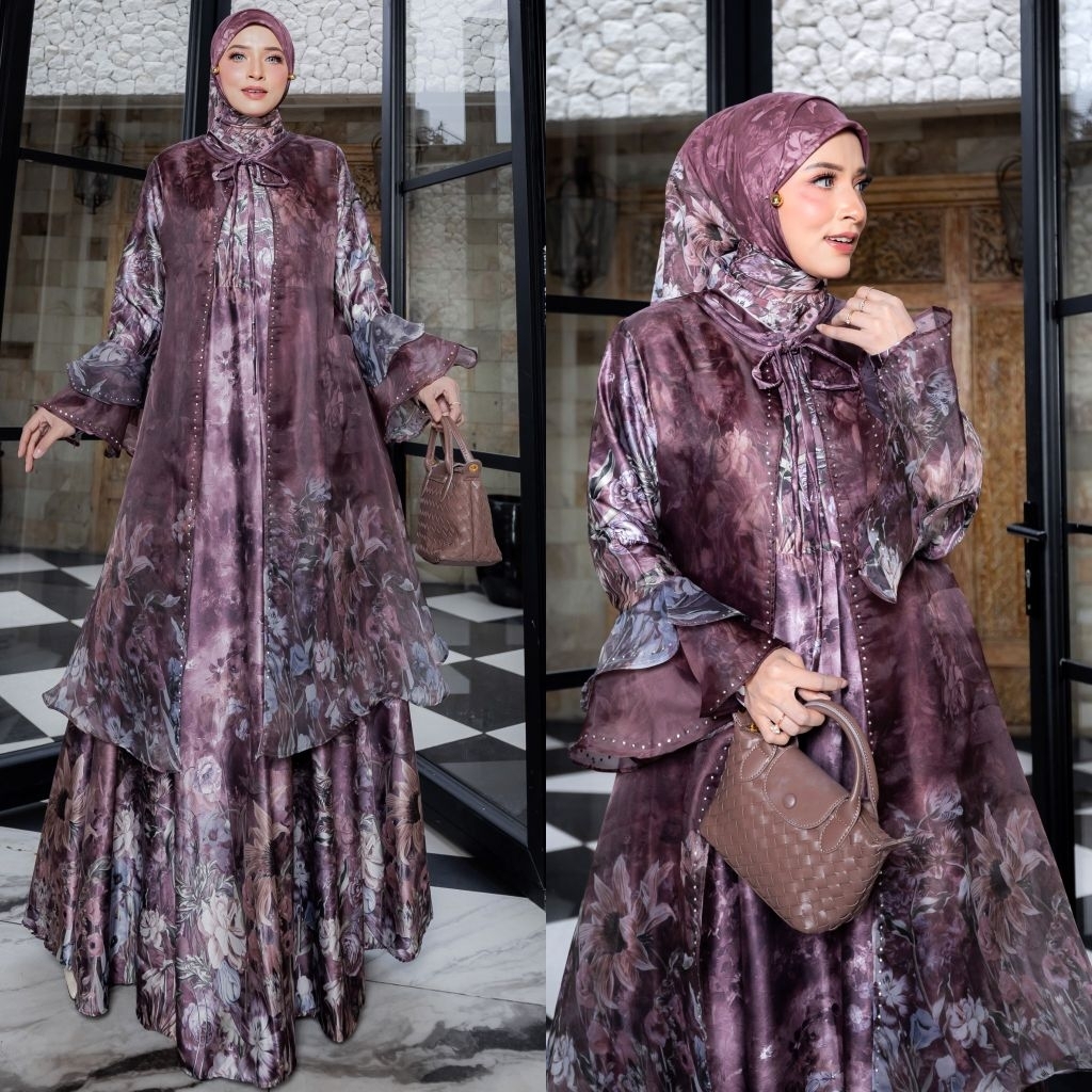 Favorit Rizkiya By Humaira D'Mecca Syari Gamis Armany Silk Printing Outer Cardi Organza Set Hijab