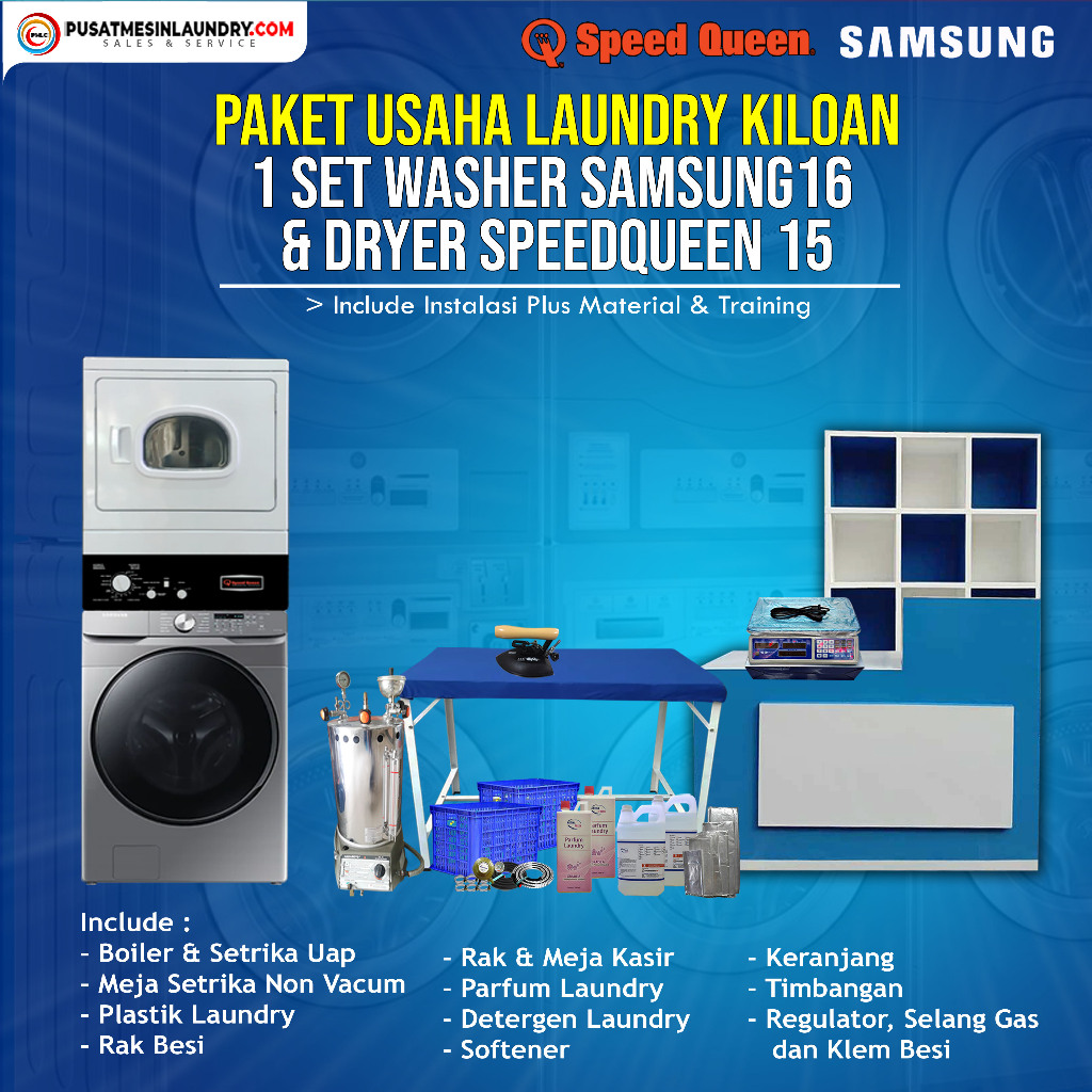 Paket Usaha Laundry Kiloan Stack Washer Samsung 16 Kg & Dryer Speedqueen 15 Kg