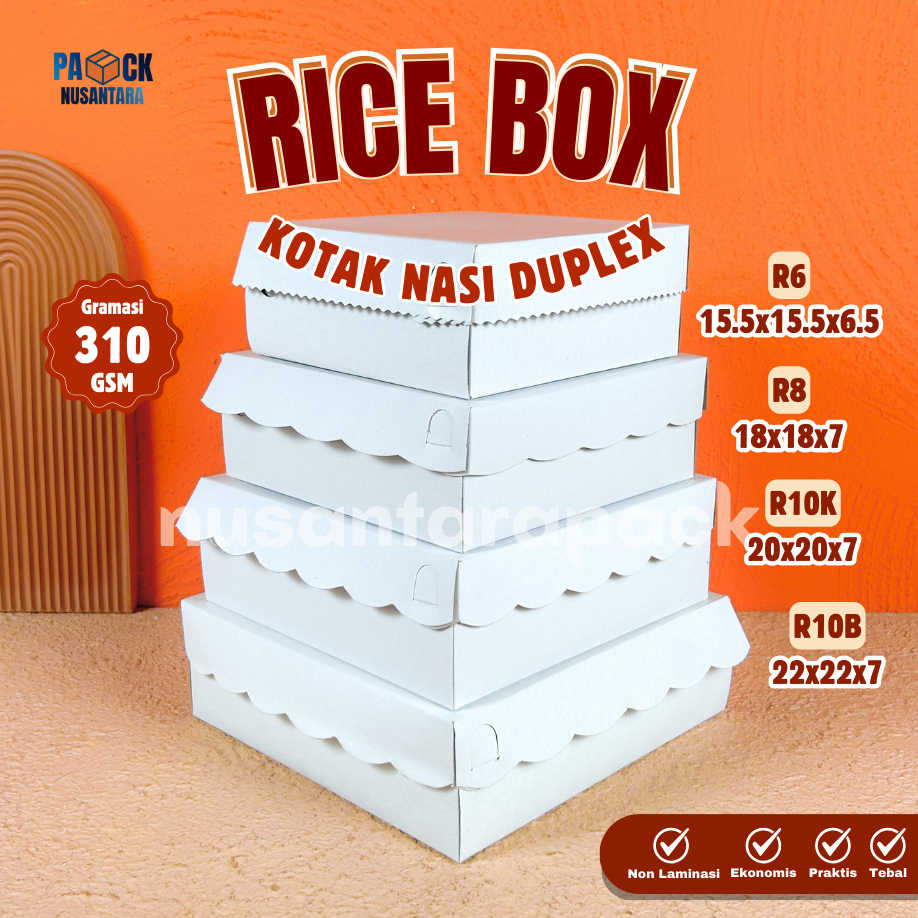 Rice Box Duplex Putih Kotak Nasi Renda Non Laminasi R6 R8 R10K R10B Kemasan Makanan Nasi Kue Snack