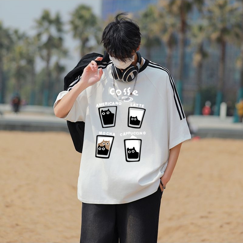 JUNQl Lengan Pendek Kaos T Shirt Pola Cangkir Kopi Kucing Kartun Oversize Pria Baju