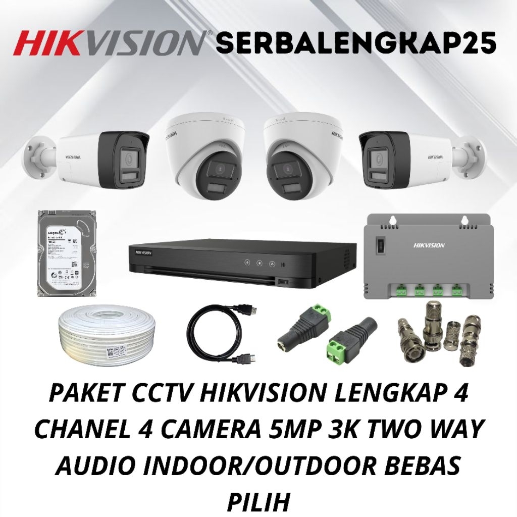 PAKET CCTV HIKVISION 4 CHANNEL 4 CAMERA 5MP 3K TWO WAY AUDIO CAMERA CCTV