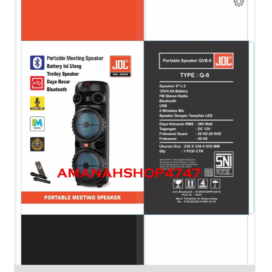 Speaker Portable Jdl 8 Inch Qvb8 /Qvb 8 / Qvb-8 Q8 Free 2 Mic Wireless