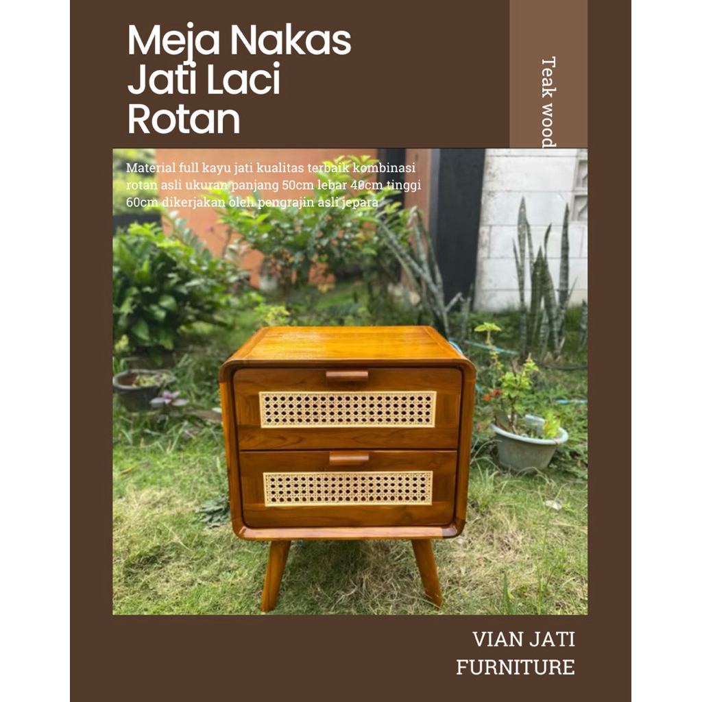Meja Nakas Kayu Jati Laci Rotan / Meja Kecil Kamar Laci Rotan
