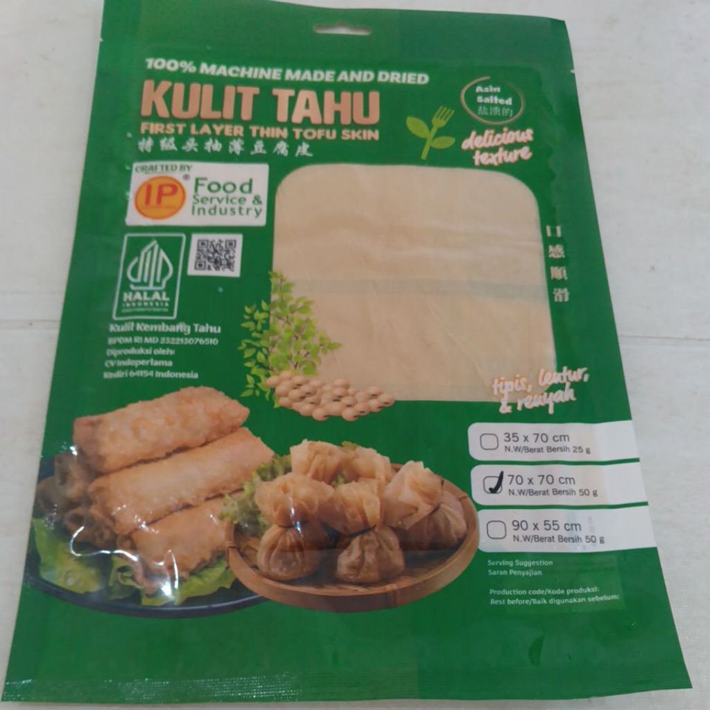 

Kulit Tahu ukuran 70x70cm ,50 gram, halal
