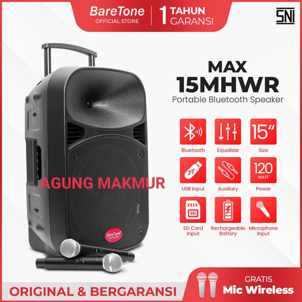 Speaker BareTone MAX15MHWR 15 inch Original plus Mic - Speaker aktif Portable BareTone MAX15MHWR 15 