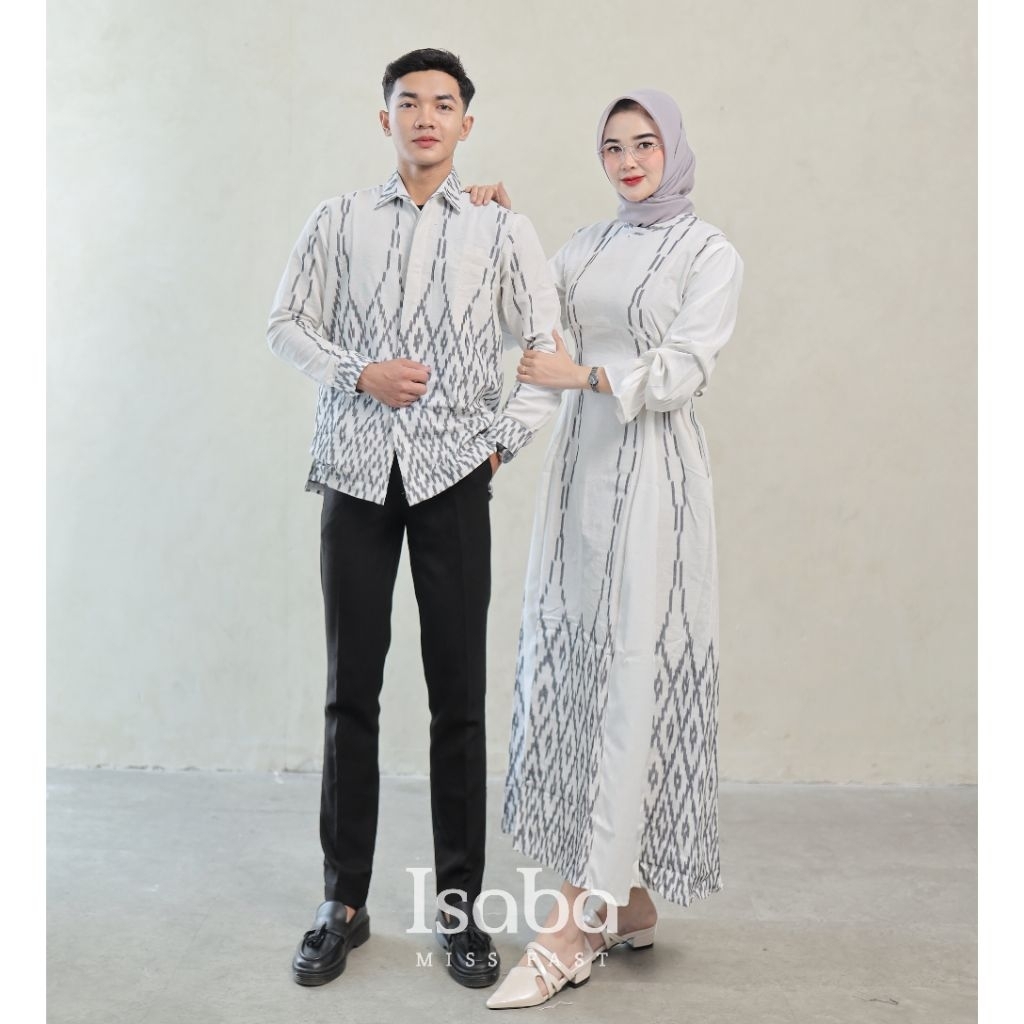 ISABA - SET COUPLE DRESS MAYA PUTIH BAJU TENUN COUPLE LEBARAN X KEMEJA COUPLE SARIMBIT PASANGAN