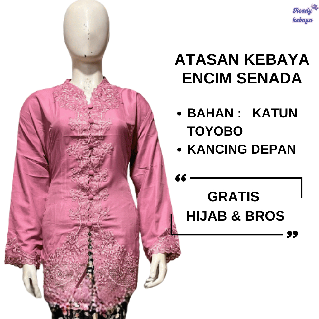Atasan Kebaya Encim Senada Gratis Hijab Dan Bros Polos Motif Bunga Tangan Panjang Bahan Katun
