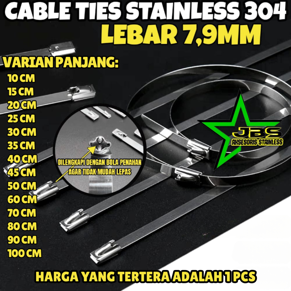

KABEL TIES LEBAR 7,9MM STAINLESS 304 PANJANG 10 - 100 CM TALI PENGIKAT