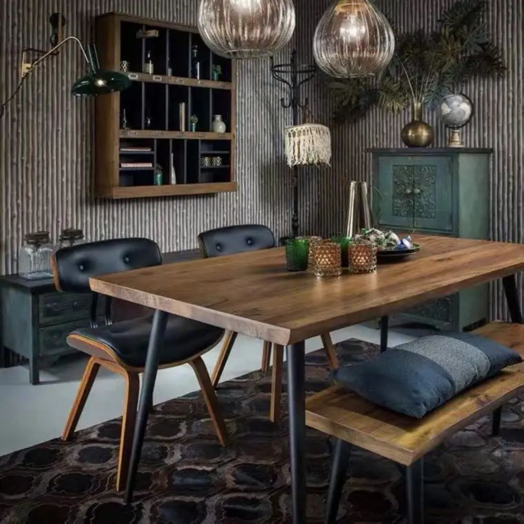 Meja makan Top table kayu jati Kaki besi P140xL70xT75