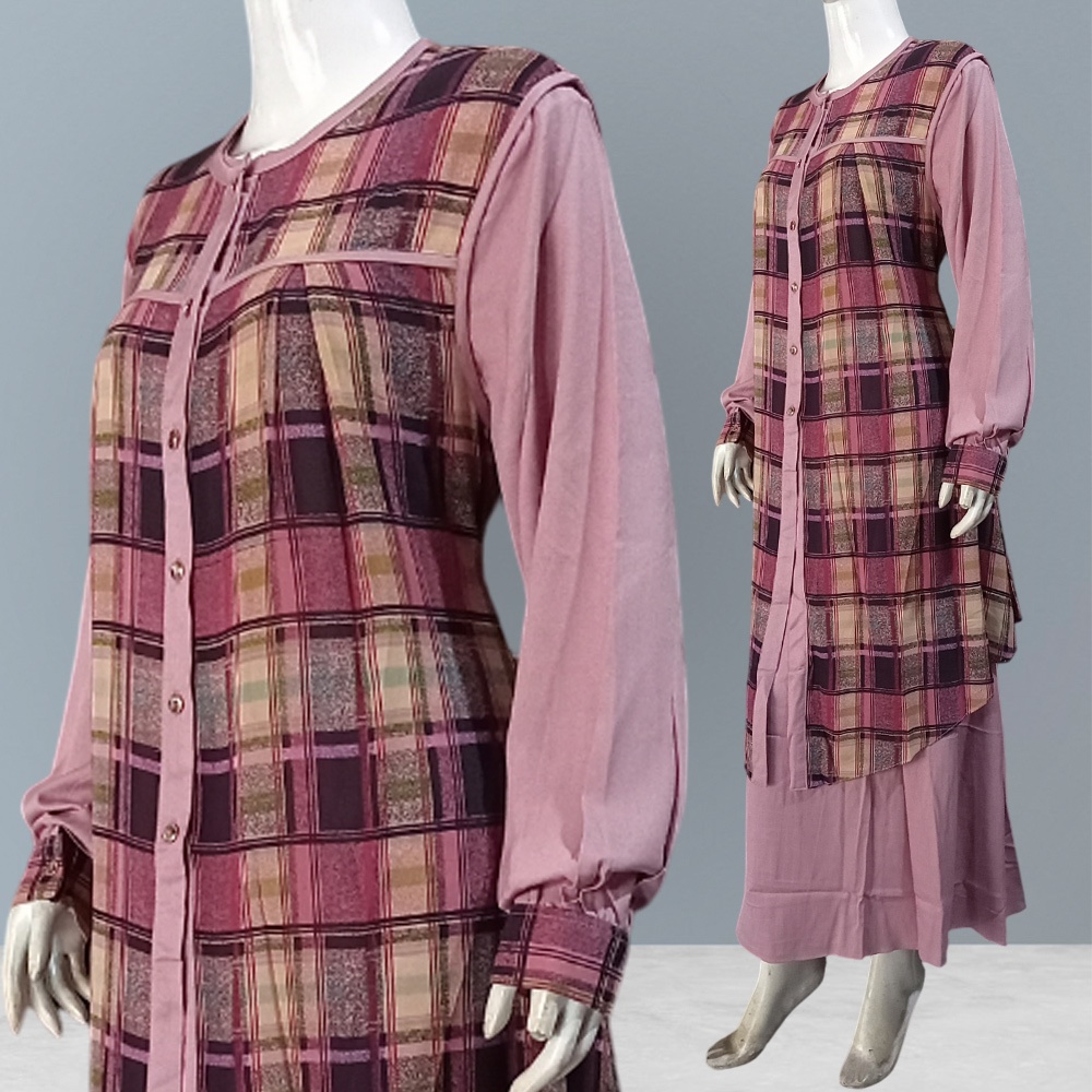 Gamis Outer Kotak Polos Mix Kotak Bahan Shakila Ceruty Lengan Kancing Bawahan Payung LD 114 PB 139