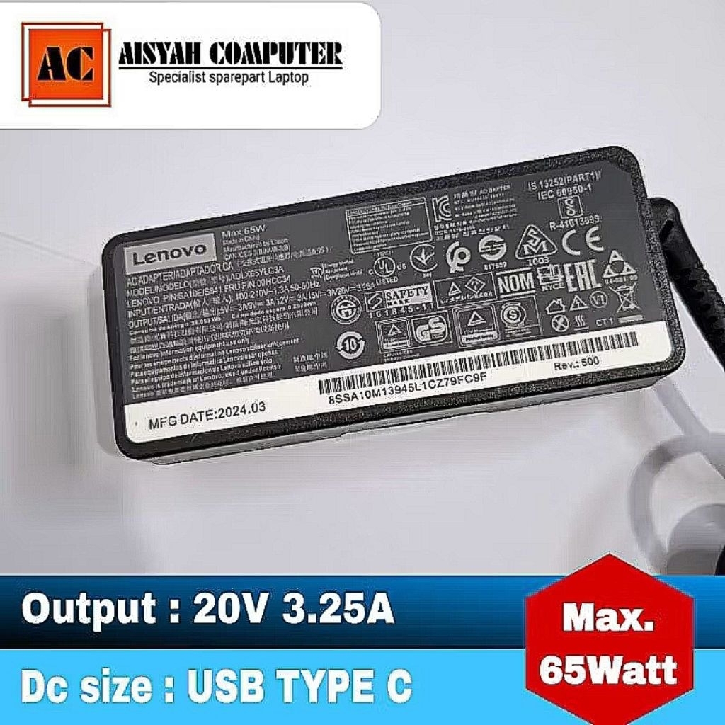 Adaptor Lenovo Yoga 300e, Yoga C630 14E Flex 11 N23 - (Casan New ori) 65W usb type c