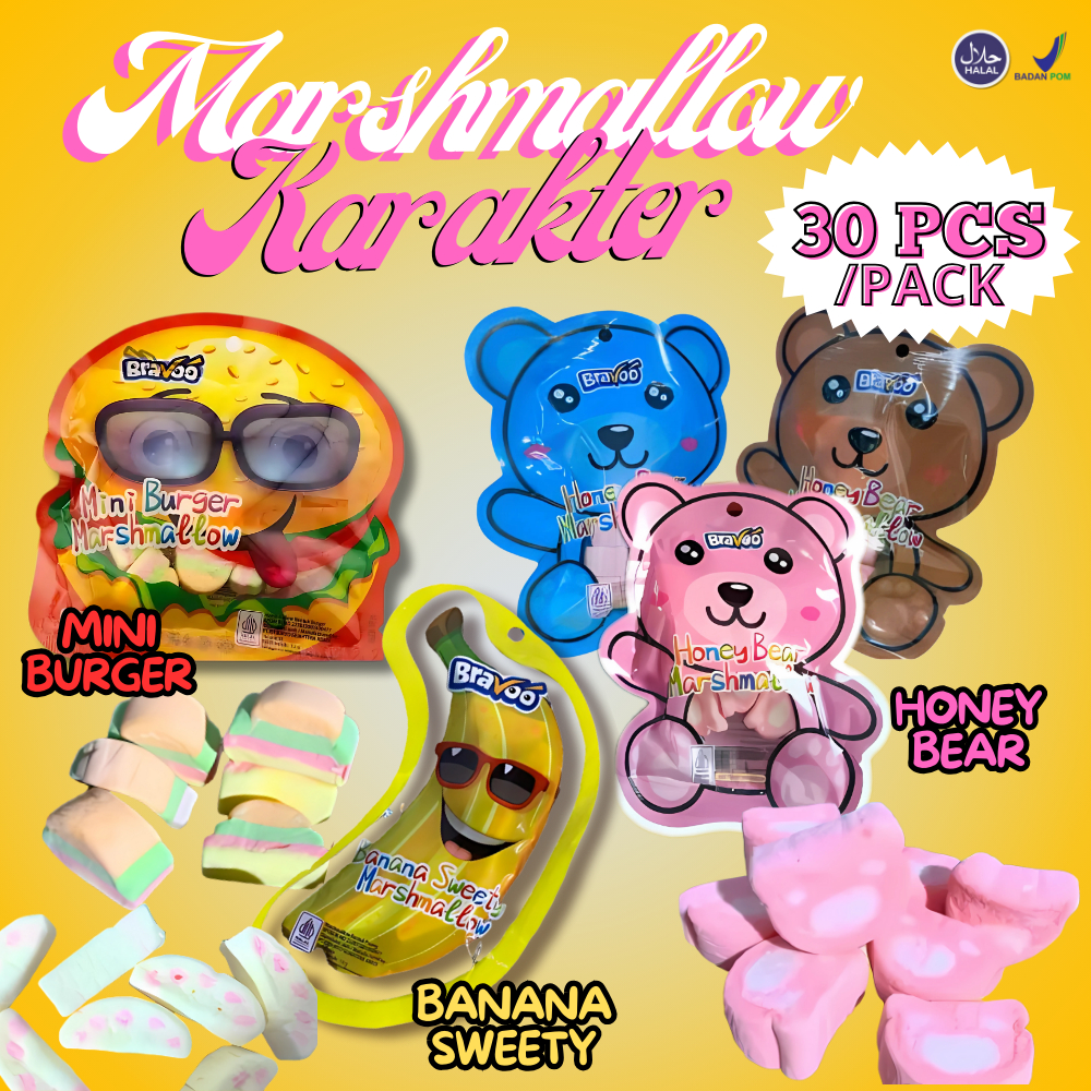 

TERBARU MARSHMELLOW KARAKTER PISANG/BERUANG/BURGER 30PCS HALAL BPOM JAJANAN VIRAL TERMURAH HARGA GROSIR