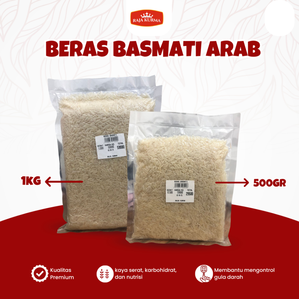 

Beras Basmati kemasan 1kg dan 500gr kualitas premium kaya serat, karbohidrat dan nutrisi oleh-oleh haji dan umroh