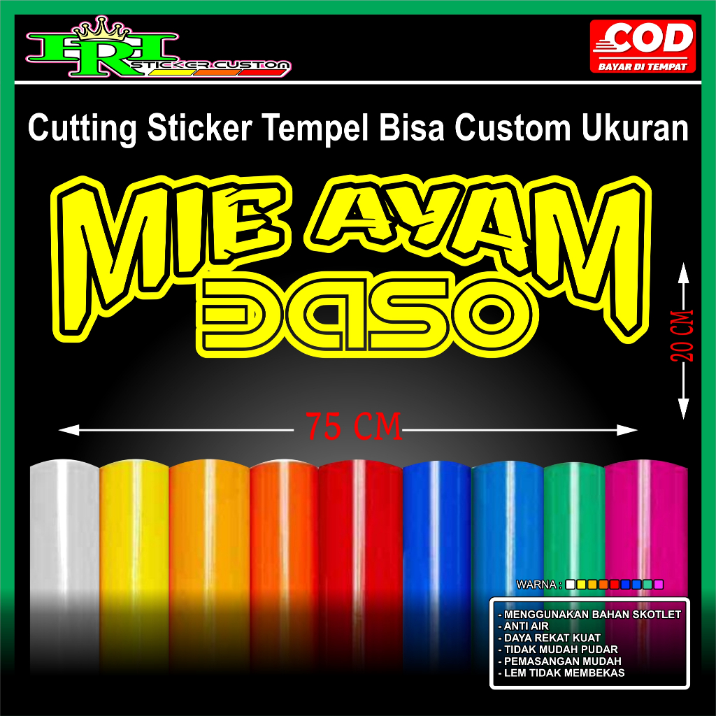 

TULISAN MIE AYAM BASO CUTTING STIKER TEMPEL,BAHAN SKOTLET,BUAT DI GROBAK JUALAN UKURAN 75 CM X 20 CM