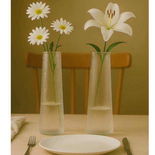 Vas Bunga Kaca Tinggi Motif Garis & Kayu - Vas Bunga Transparan Tekstur Unik / Hiasan Rumah Modern
