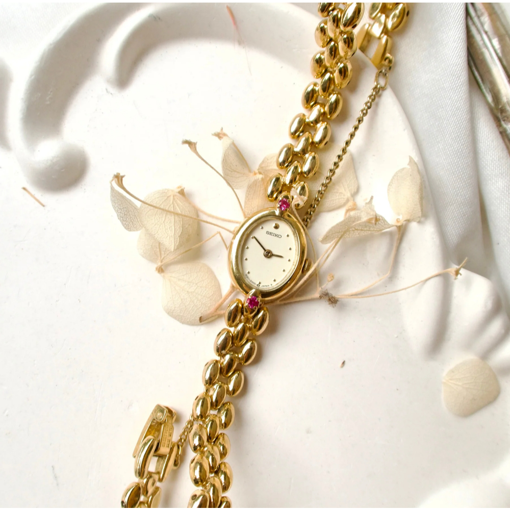 Jam Tangan Wanita Vintage Watch Seiko Pink Jewel Gold Chain Original Autentik Preloved Bekas