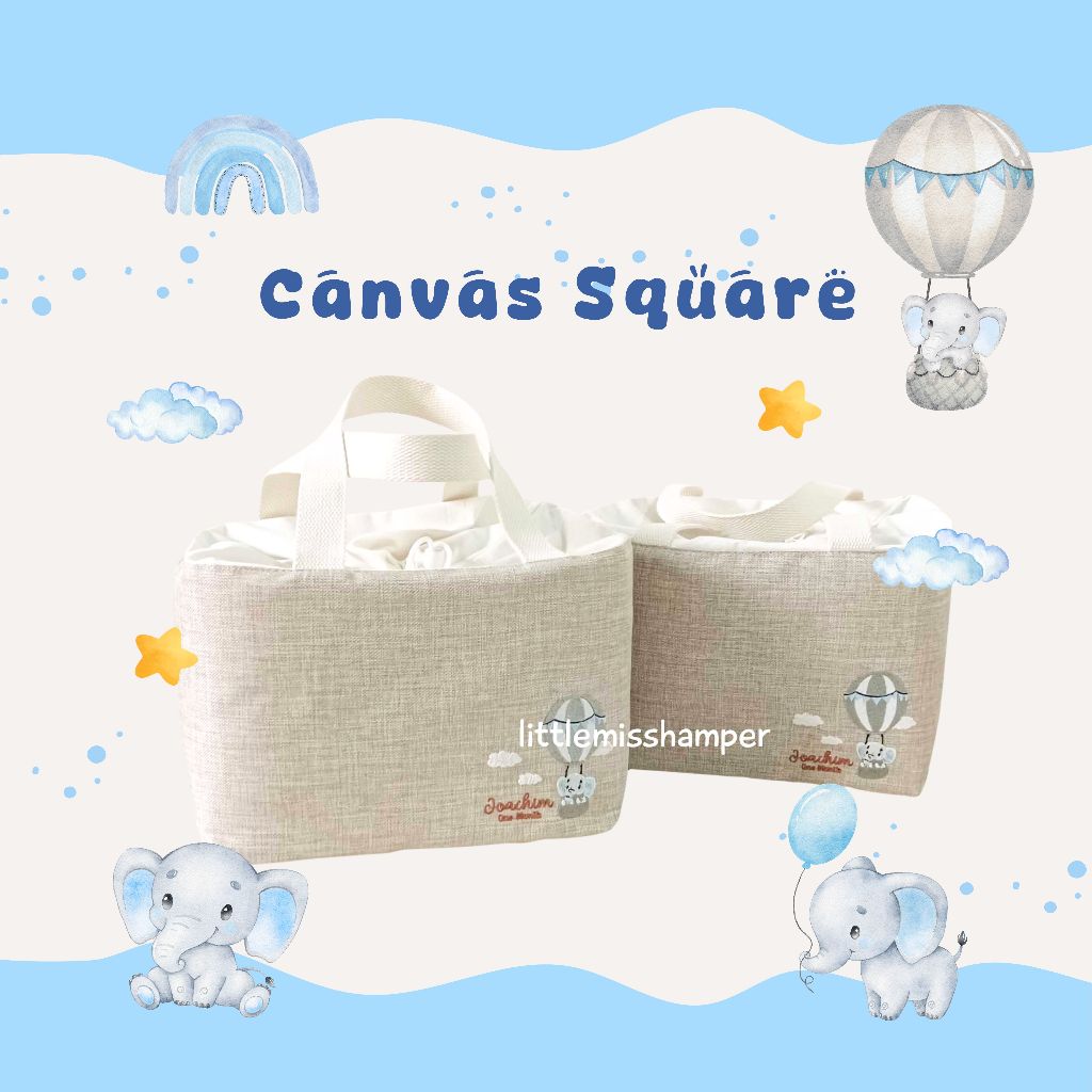 

Custom tas bekal kanvas square bordir baby hamper ultah canvas kubus engagement wedding