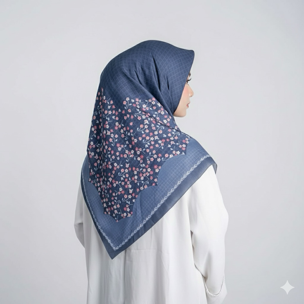 Hijab Voal Premium Navy - Motif Bunga Kecil