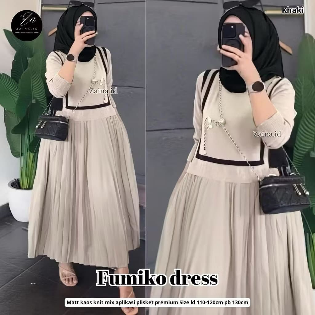 KirantiFashion Fumiko Dress Wanita Matt Kaos Knit Mix Plisket Gamis Wanita Terbaru