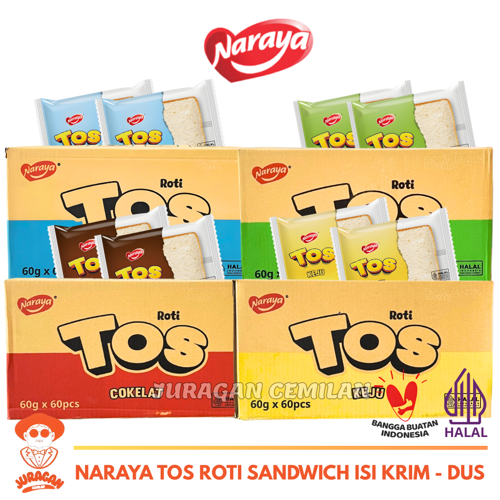 

Naraya Tos Roti Sandwich Isi Krim Cokelat,Keju,Vanilla Dan Pandan Halal - Sedus isi 60bks (60g)