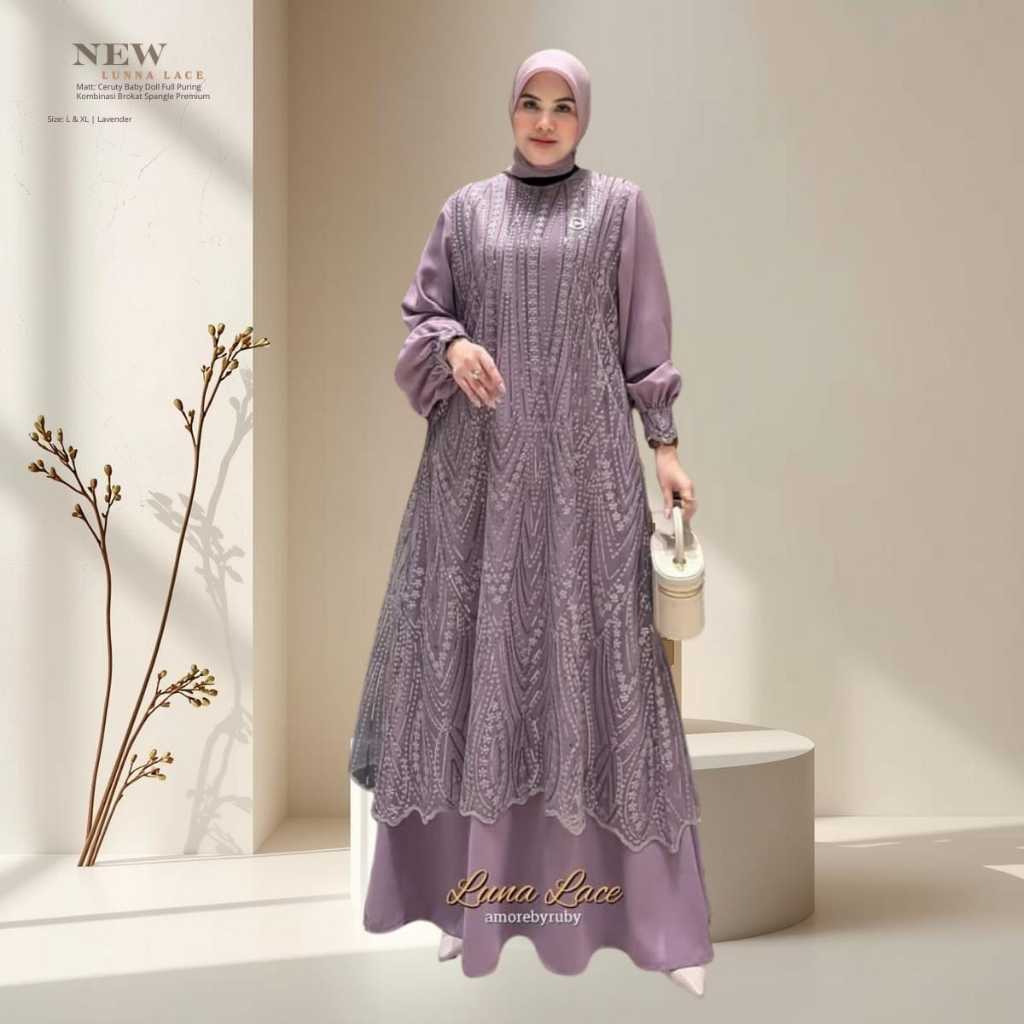 Baju Pesta Muslimah Kekinian Lunna Lace Dress Gamis Brokat Spangle Bahan Ceruty Baby Doll Premium