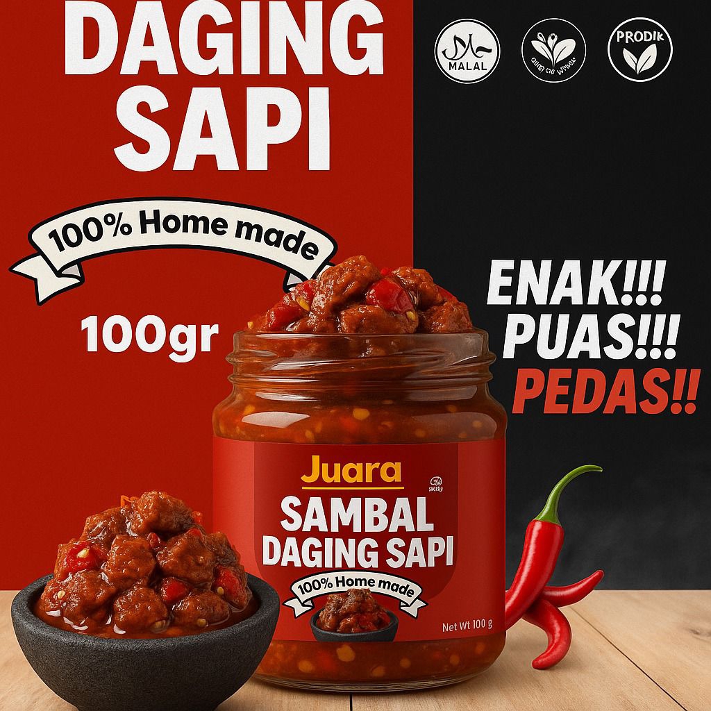 

75gr / 150gr Sambal Daging Sapi Juwara Sambal | Rawit Merah | Minyak Kelapa Premium Super Pedas