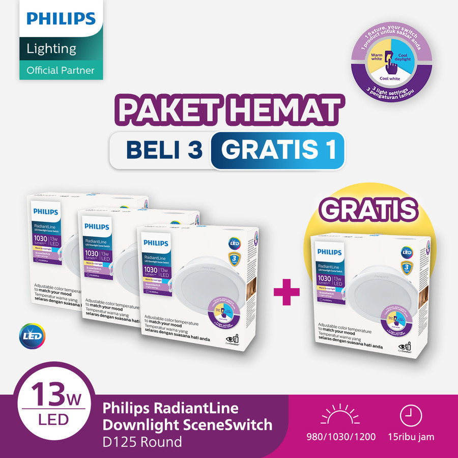 Philips Beli 3 Gratis 1 Downlight 3 Warna Radiantline Scene Switch 13W D125