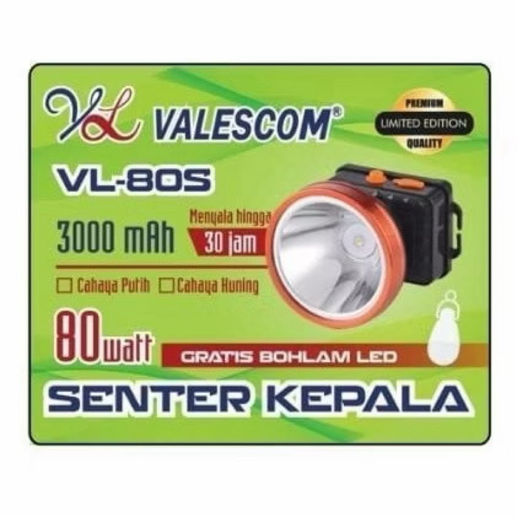 Senter Kepala Valescom VL-80S 80wat Cahaya Putih / VL-30S 30wat Bonus Bohalm