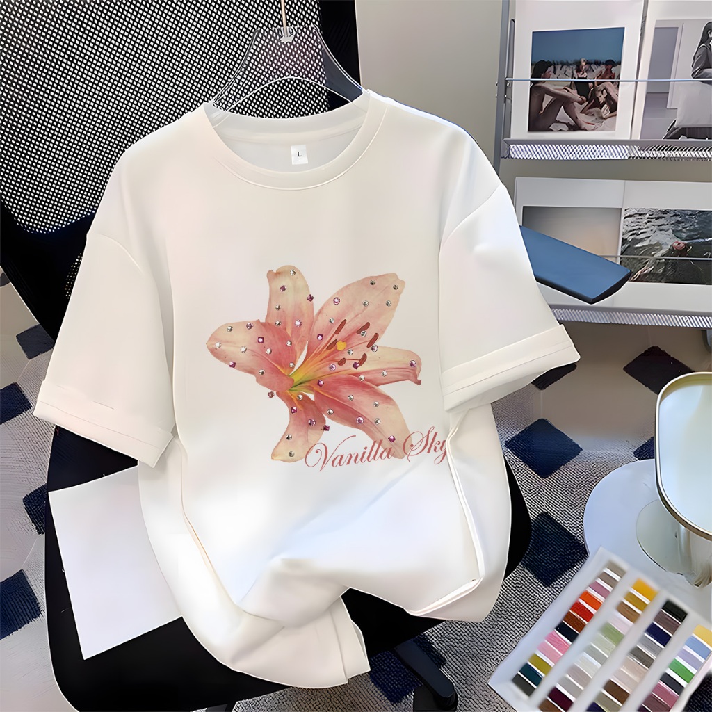 Pinyun Original Kaos Wanita Oversize Bunga-bunga yang Berkilauan Printing Style Baju Atasan Wanita T