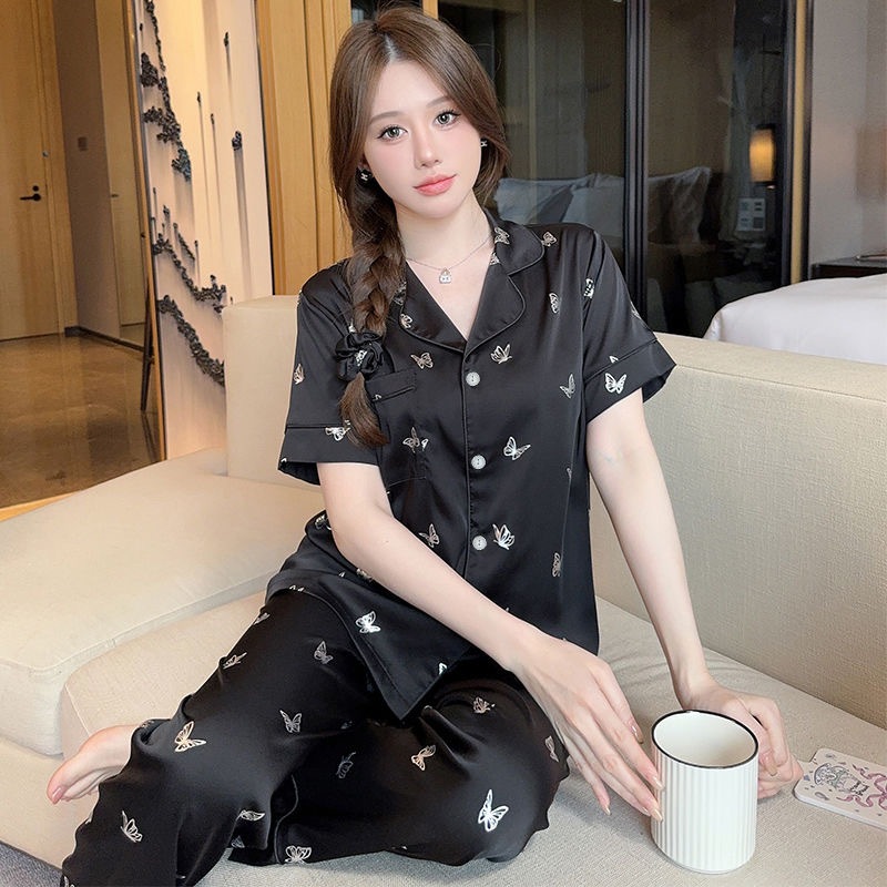 (COD) Piyama Wanita Bahan Sutra Es, Gaya Korea, Lembut Nyaman Tidur/baju tidur wanita/baju tidur/piy