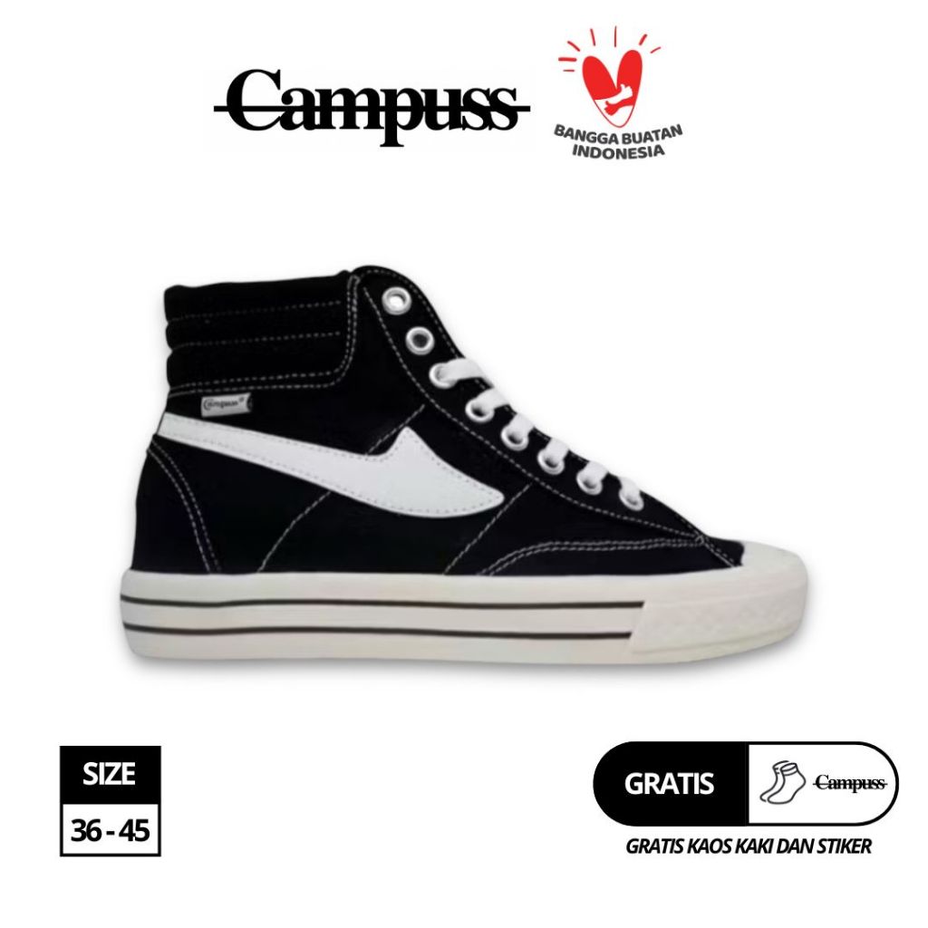 Campuss Renegade High Black White Sepatu BTS Sneakers Casual Unisex Sepatu Sekolah Size 36-45 Bahan 