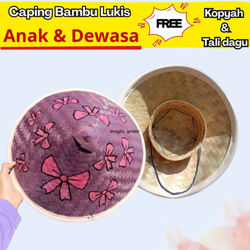 Caping Bambu / Caping Tani Lukis / Tudung Petani Lukis Motif Pita