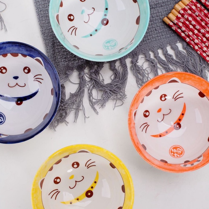 Bowl Keramik/ Chubby Lucky Cat Bowl Ecer/ Mangkuk Nasi/ Mangkuk Soup/ Bowl Nasi/ Bowl Soup