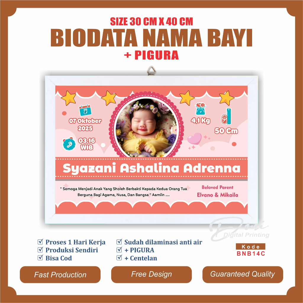 Biodata Kelahiran Bayi + Pigura Ukuran Jumbo 12 R 30 cm x 40 cm BNB14