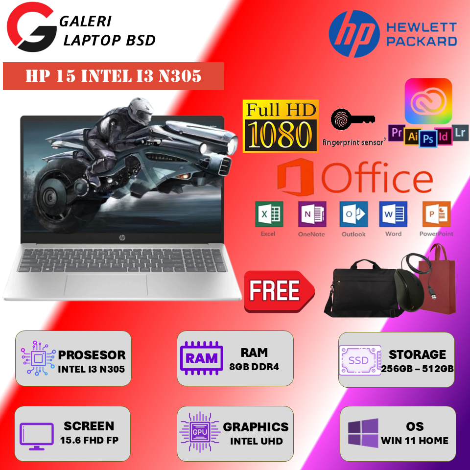 Laptop Kerja HP 15 Silver Intel Core i3 N305 RAM 8GB 512GB SSD Full HD Windows 11