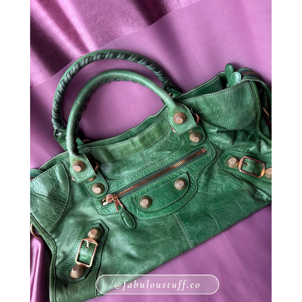 [READY SIAP KIRIM | REAL PICT] Balenciaga City Giant Part Time Tote Gold HW Green Stud Besar Totebag