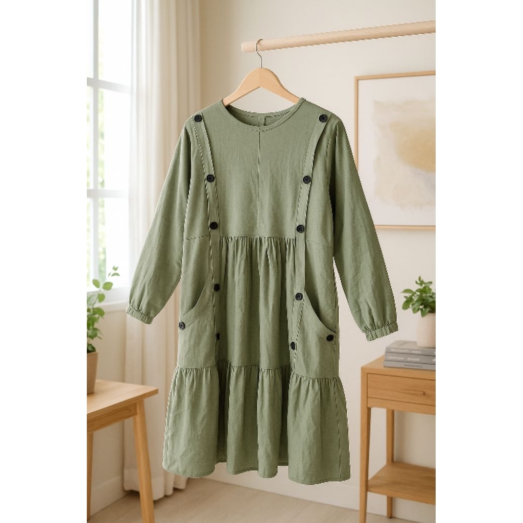 Midi Dress Wanita.Gaun Muslimah.Tunik Putih Polos Simpel Lengan Panjang