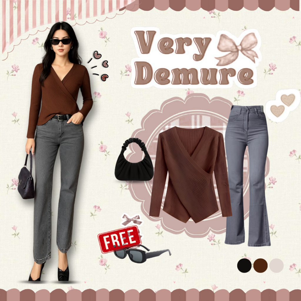 Douyin Outfit Set {Blouse Silang Coklat + Celana Cutbray Dark Grey + Tas Selempang + Kacamata} UW116