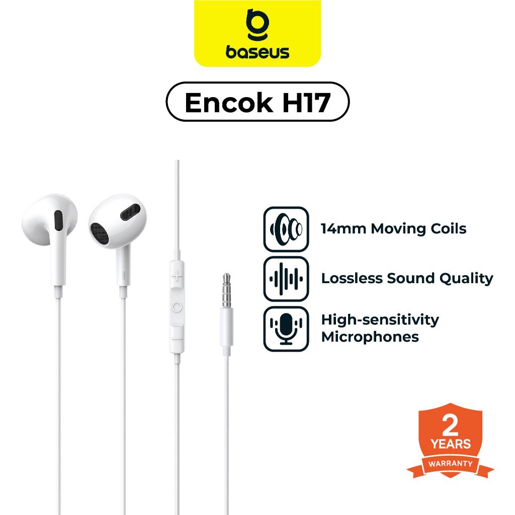 Baseus Headset Encok H17 Jack 3.5mm Input Wired Earphone | Handsfree + Mic, Stereo & Bass Sound, HD 