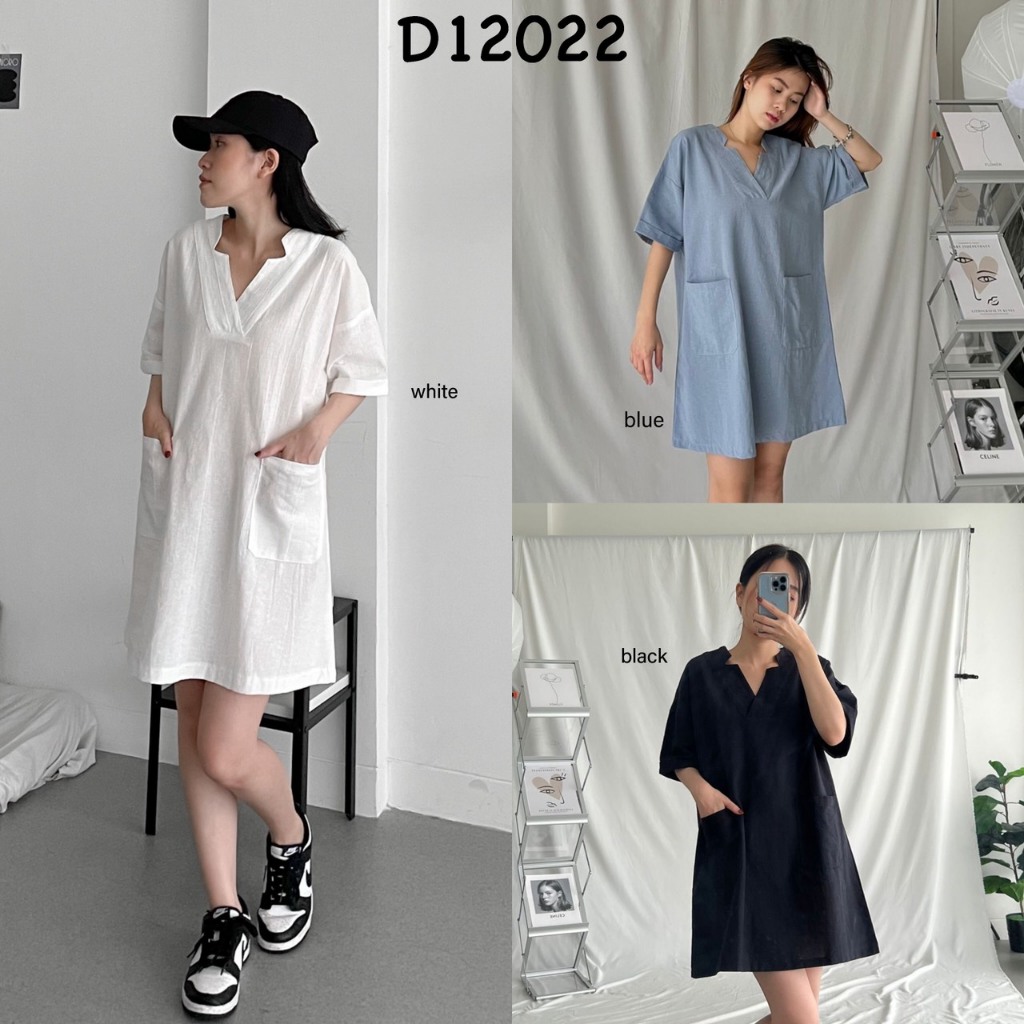 D12022 Aria Pocket Linen Casual Mini Dress / Dress Loose Longgar Nyaman Wanita