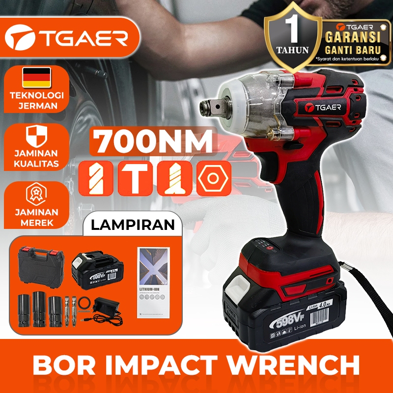 TGAER 700NM Bor Impact Wrench Brushless Mesin Bor Impact Wrench Cordless Bor Impact Baterai Makita M