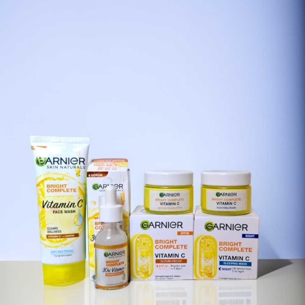 Paket 4in1 Skincare Garnier Bright Complete Kulit Kusam Flek Hitam Bekas Jerawat | Bundle Vitamin C 