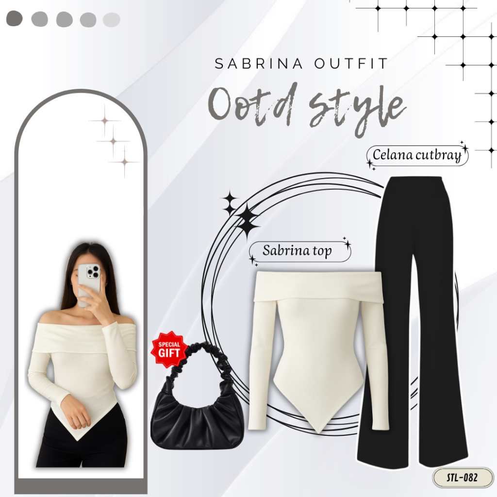 Sabrina Oneset Korean Style [Blouse Sabrina Top+celana Cutbray+free Bag] Ootd Selebgram Kekinian Out