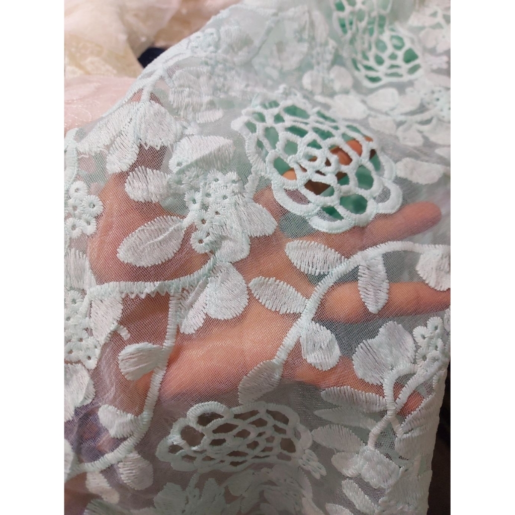 kain tile bordir Premium  - kain tile bordir kebaya  - kain tile bordir mewah  - ( hijau mint) kt