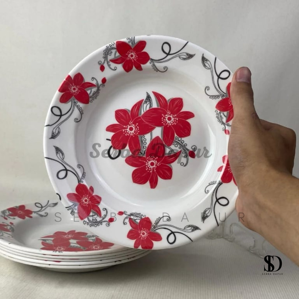 ( 6pcs / 1lusin ) Piring Melamine Motif Bunga 23cm Meishing, Piring Melamin Bulat Motif Kembang