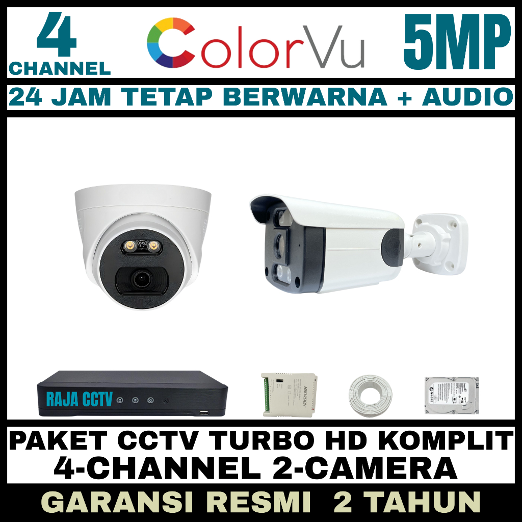 PAKET CCTV COLORVU SIANG MALAM BERWARNA 4 CHANNEL 2 CAMERA 5MP 1080P TURBO HD IC SONY