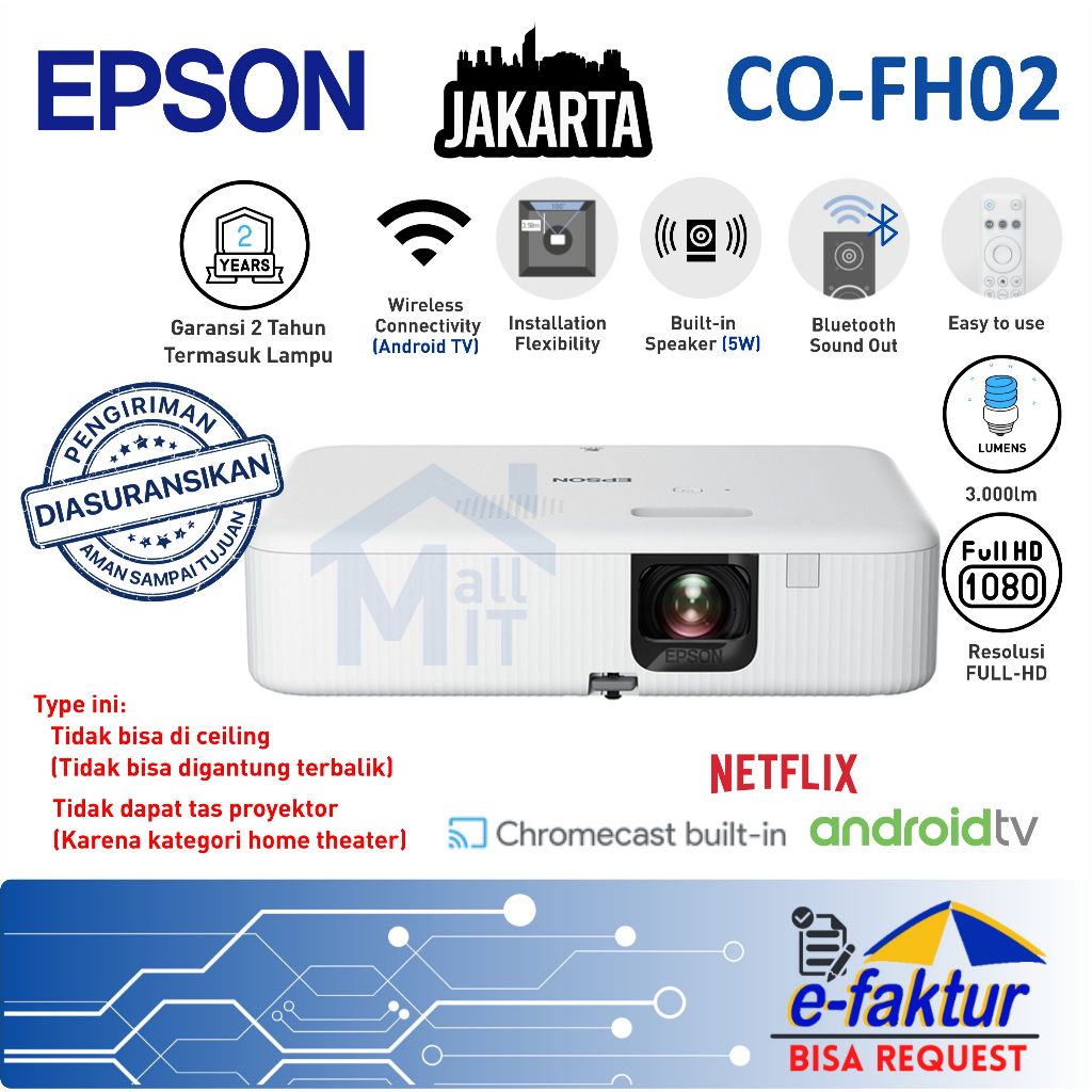 MALLIT EPSON Proyektor EPSON CO-FH02 COFH02 CO FH02 FULL HD Android TV Portable Jakarta