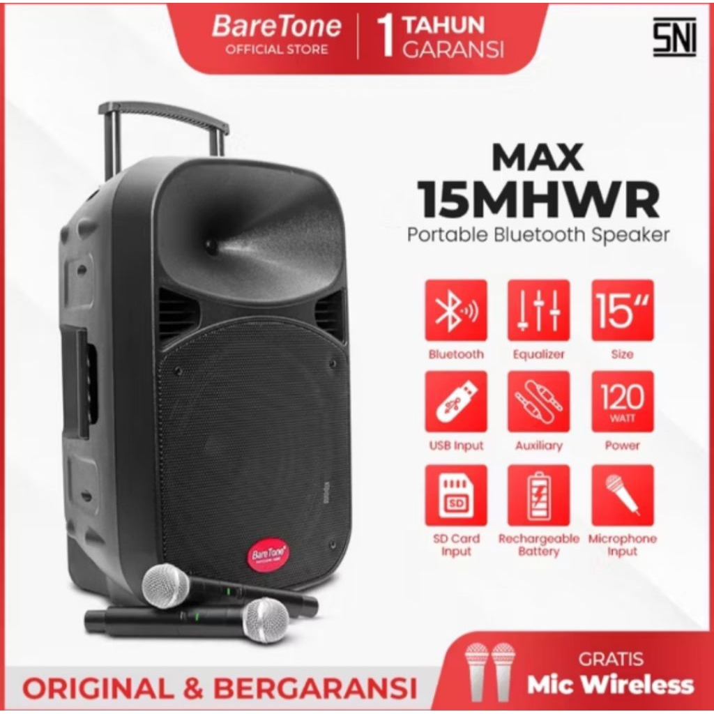 Baretone Speaker Portabel MAX15MHWR Speaker Bluetooth 15 Inch
