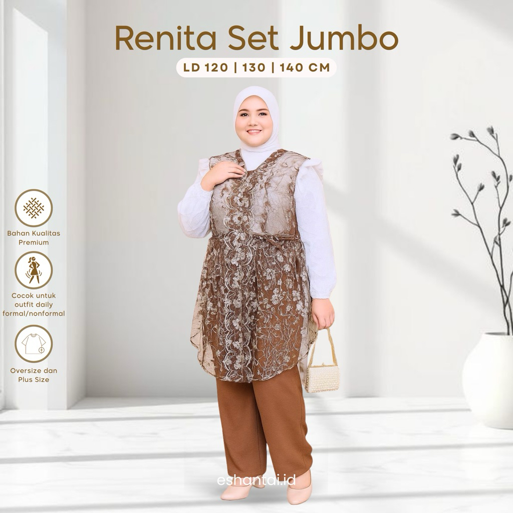 Eshantai Big Size Renita L-XXXXL One Set Kondangan Mewah Outer Muslim Baju MewahTunik Panjang LD 120