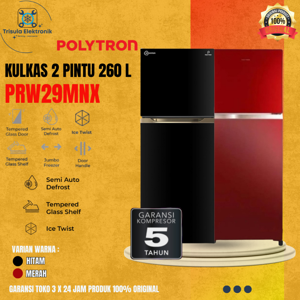 Kulkas POLYTRON PRW29MNX / PRW 29 MNX 260 Liter Kulkas 2 Pintu Jumbo Automatic Defrost